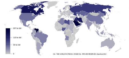 Nicht so knapp: Die Ölreserven der Welt (inklusive unkonventionelles Öl) (Daten: CIA, Grafik: Wikipedia)