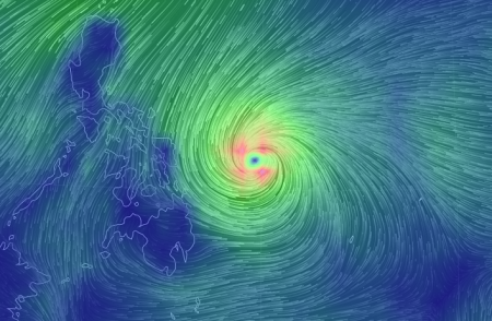 Das Auge des Sturms: Supertaifun Hagupit wird am Sanmstag oder Sonntag in den Philippinen auf Land treffen. (Livebild: nullschool.net)