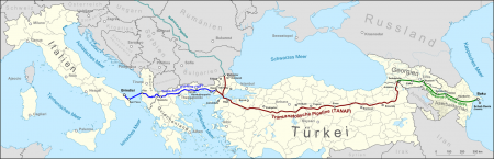 Von Baku nach Brindisi: Dank Tanap fliesst ab 2020 Gas aus Zentralasien nach Europa. Damit wird Europa unabhängiger von russischem Gas. (Karte: Wikipedia)
