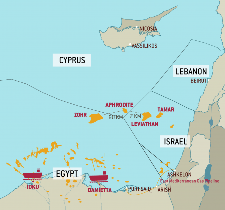 Gute Nachbarn? Die zypriotischen, israelischen und ägyptischen Gasfelder liegen nah beieinander. Folglich wäre es sinnvoll, diese mit nur einer Pipeline zu erschliessen. Die Frage ist nur: Wo würde diese Pipeline anlanden? (Karte: Middle East Economic Survey via Bruegel)