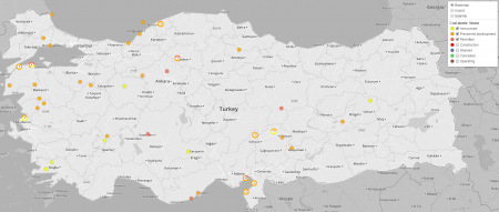 Erdogans Kohlewahn. Eigentlich scheint in der Türkei ja auch die Sonne. Sollten alle diese Kohlemeiler aber gebaut werden, dürfte man die Sonne kaum noch sehen. (Karte: Global Coal Plant Tracker)